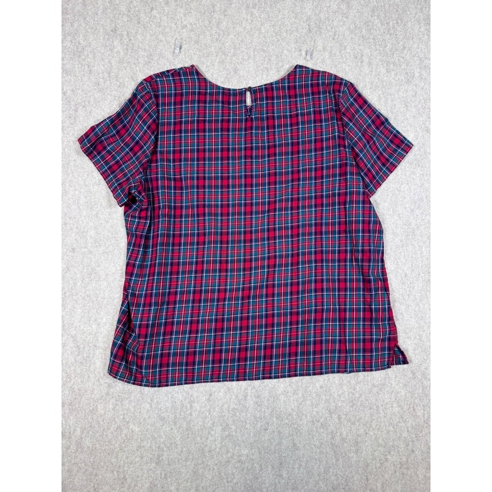 k91. Talbots XL Red Navy Plaid Short Sleeve Blouse Beaded Floral Neckline Top - Picture 5 of 5